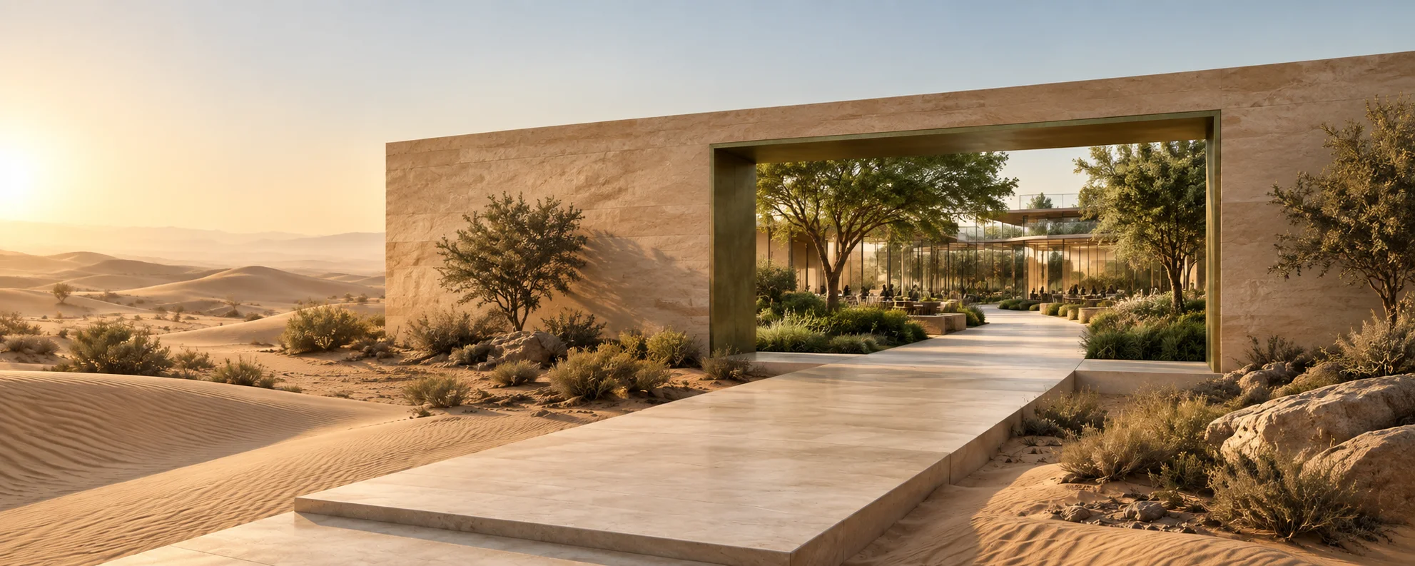 A conceptual doorway from quiet desert into a thriving green courtyard and modern workspaces