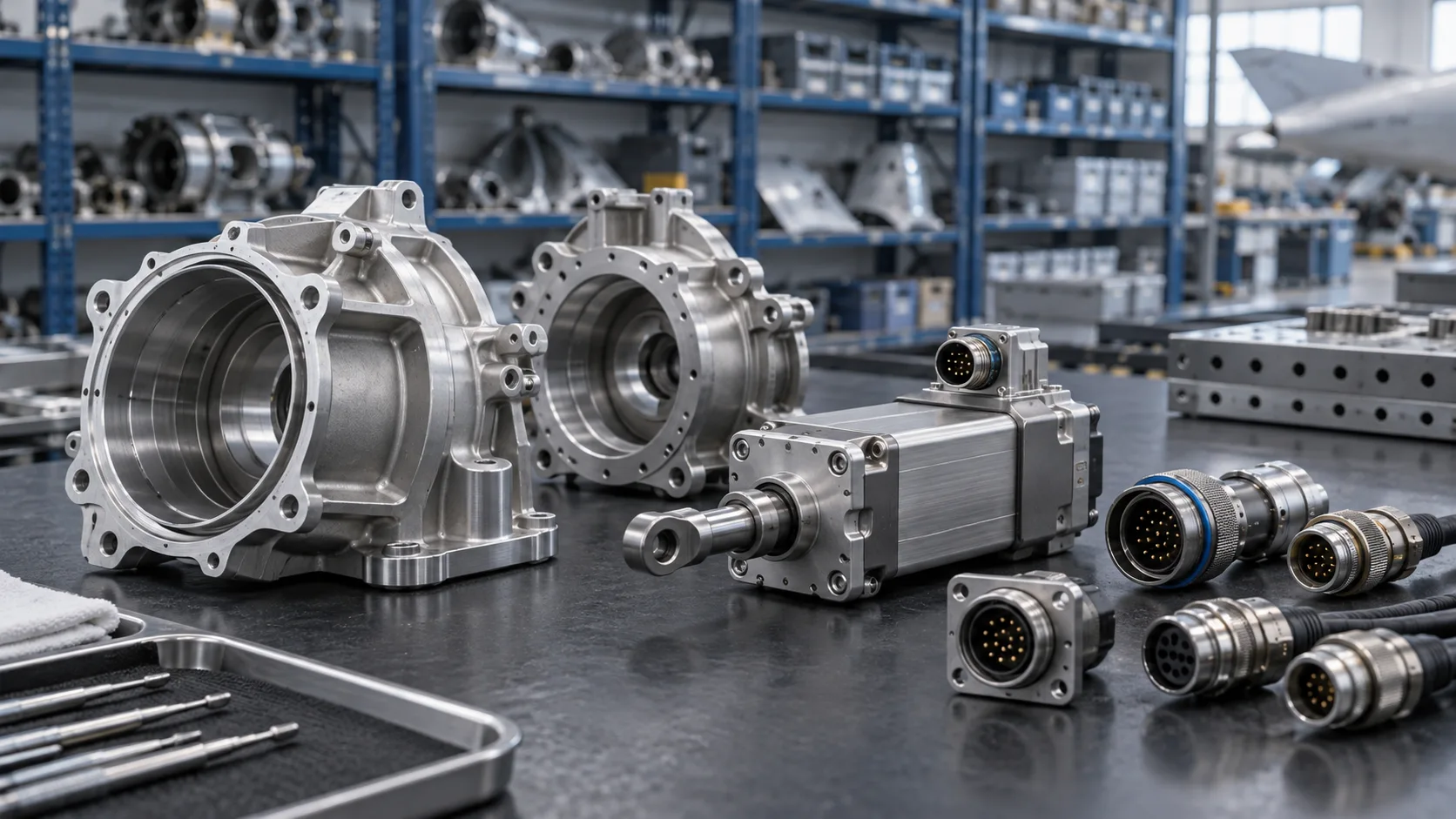 Conceptual aviation supply scene with precision housings, an actuator and connectors on an inspection bench.