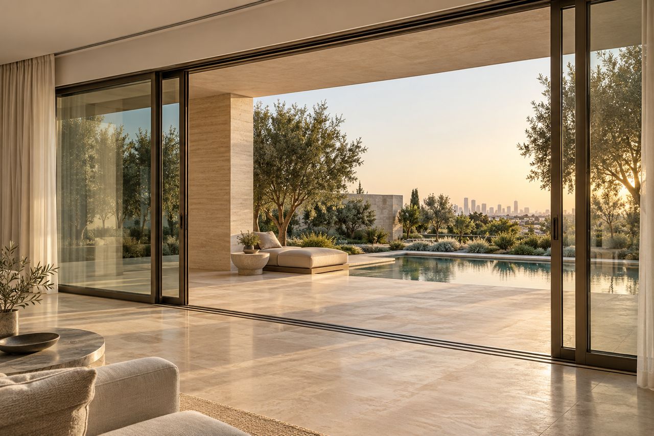 Paneo architectural imagery: sliding glass doors opening a home onto a landscaped terrace.